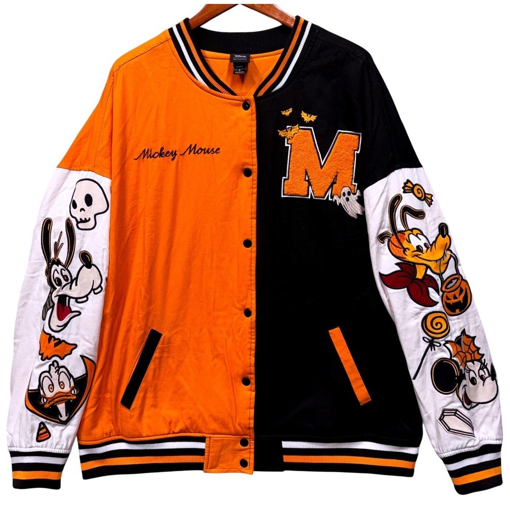 Disney Her Universe Halloween Mickey Mouse Varsity Jacket Orange Black Size 2‎